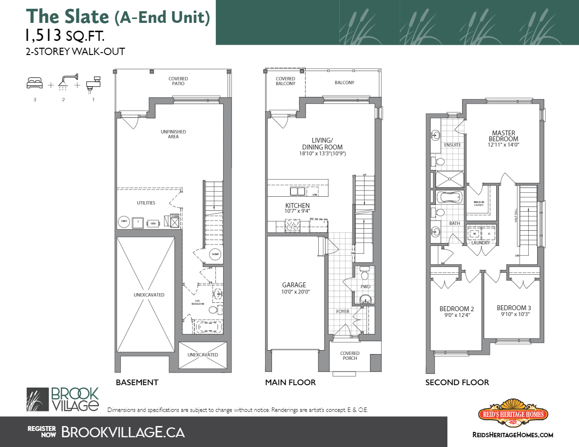 Brook Village Townhomes The Slate (End) Floor Plan, Cambridge ON Livabl