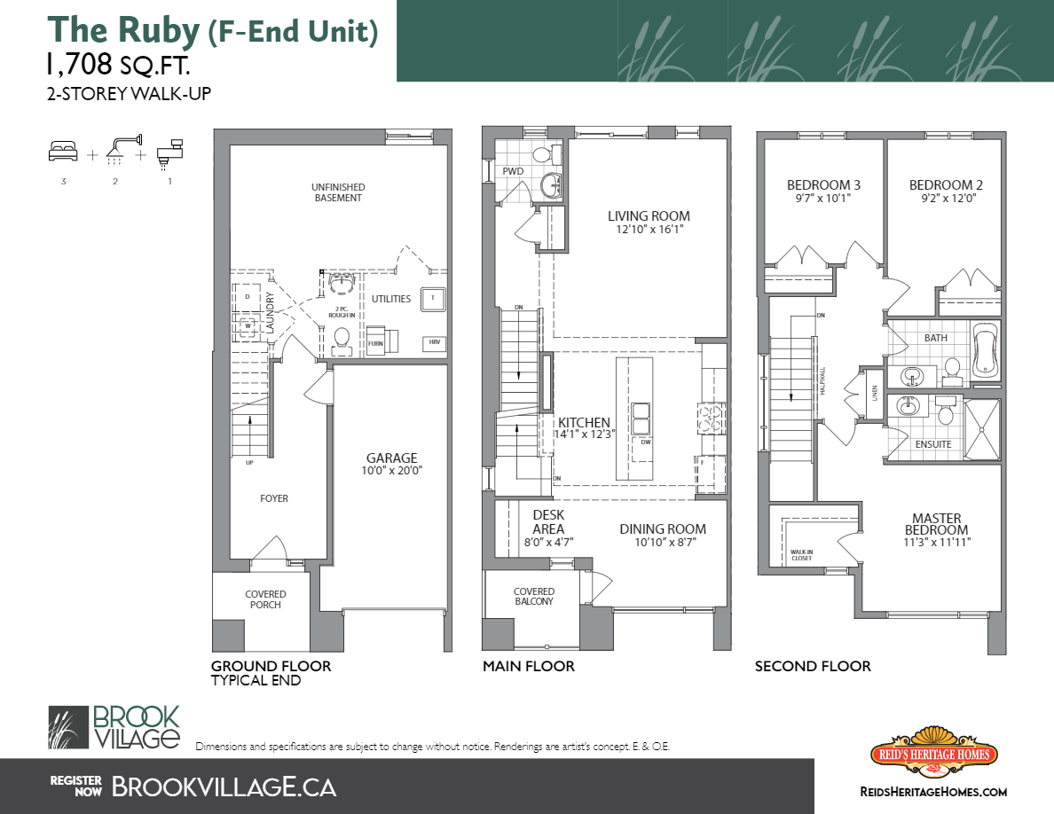 Brook Village Townhomes The Ruby (End) Floor Plan, Cambridge ON Livabl