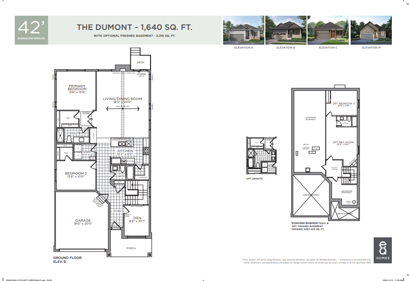 Pathways at Findlay Creek (eQ Homes) The Dumont Floor Plan, Ottawa ON