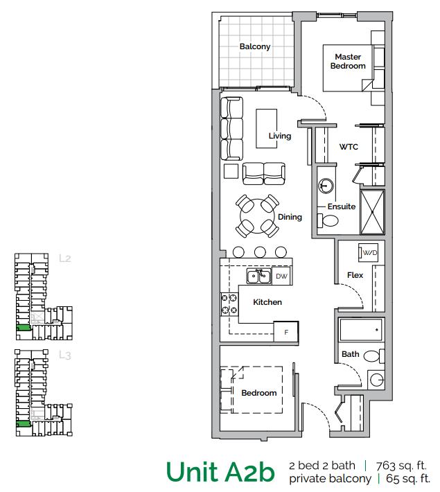 A2B floor plan at Radius Bridgeland in Calgary, AB